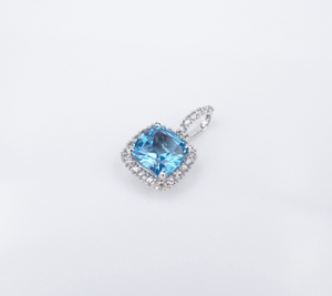 14k White Gold Blue Topaz Pendant White Sapphire Halo Charm 7/8" PG1918