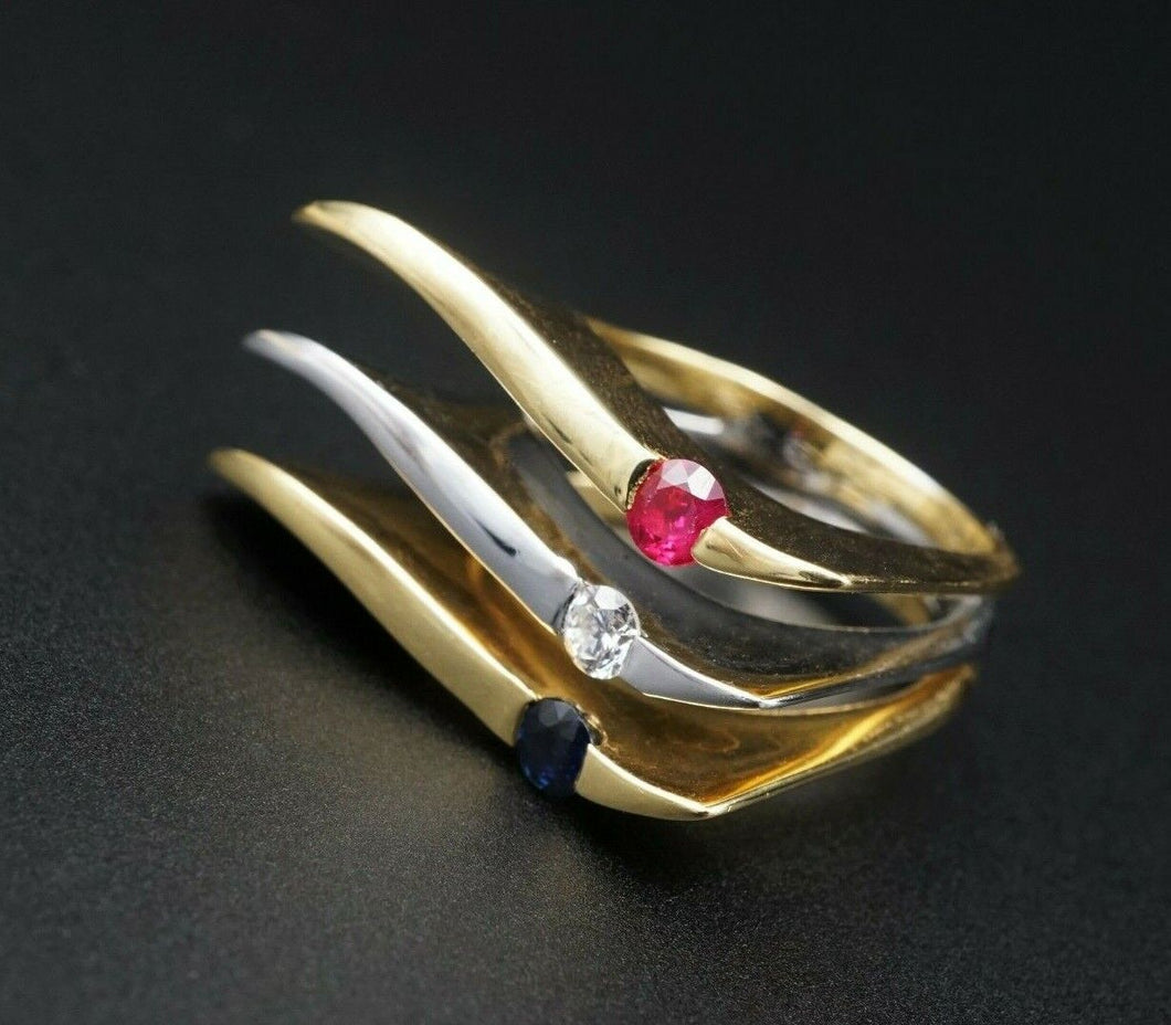 Ruby Sapphire Diamond 18k Tri Gold Abstract Wave Triple Band Ring 7 RG3100