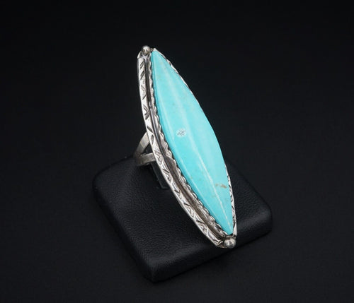 Artisan Navajo Sterling Silver Long Slab Turquoise Ring Size 6.5 Signed B RS3329