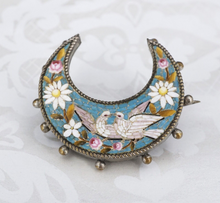 Antique Micro Mosaic Inlay Dove & Floral Crescent Brooch OS649