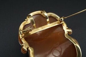 Vintage 18k Yellow Gold Hand Carved Shell Cameo Pendant Brooch 2" Signed OG384