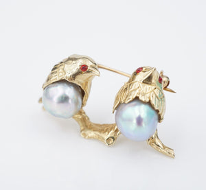 Vintage Love Birds Pin Brooch 14k Yellow Gold Baroque Pearl 3D 1" OG465
