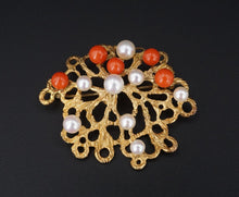 18k Red Coral Pearl Floral Brooch Yellow Gold Abstract Textured Sweden OG470