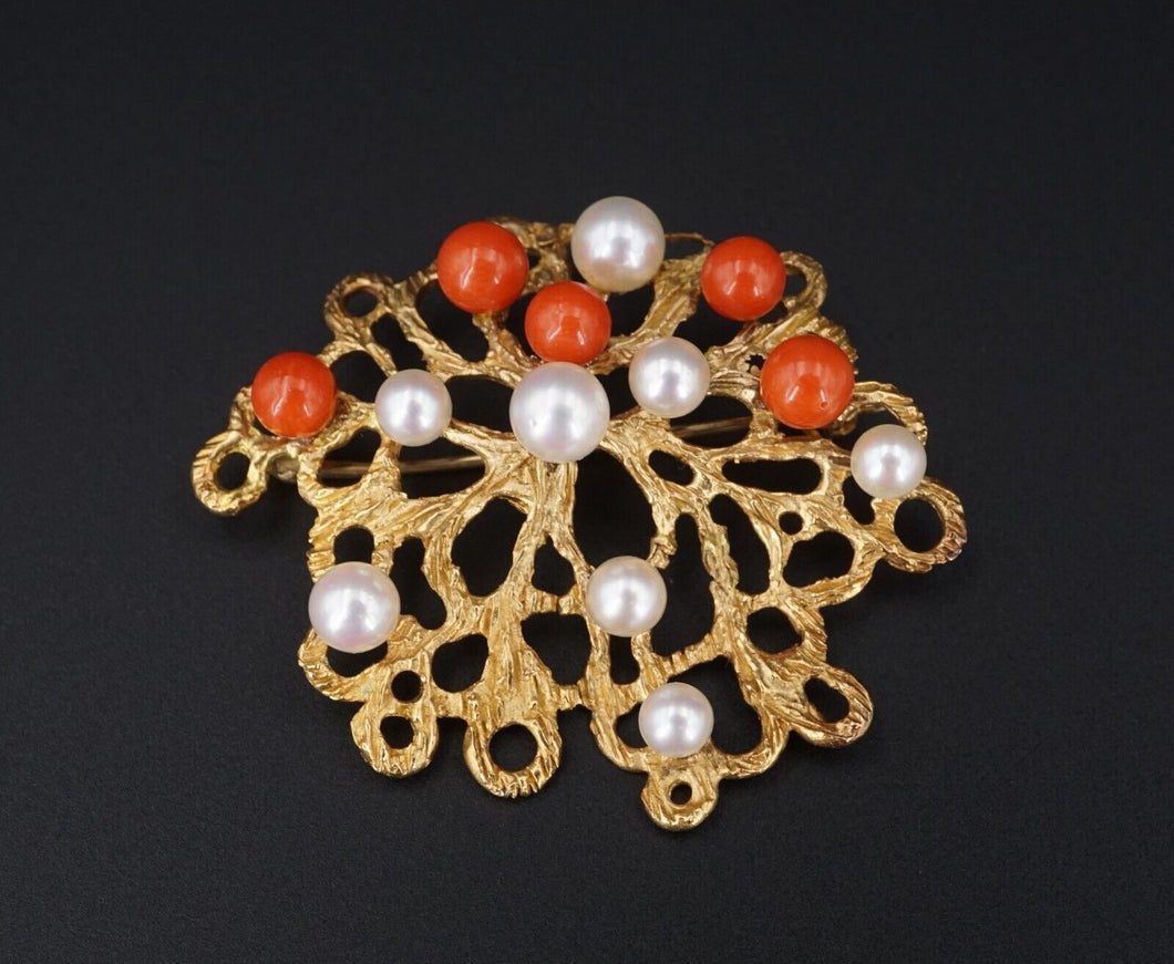 18k Red Coral Pearl Floral Brooch Yellow Gold Abstract Textured Sweden OG470