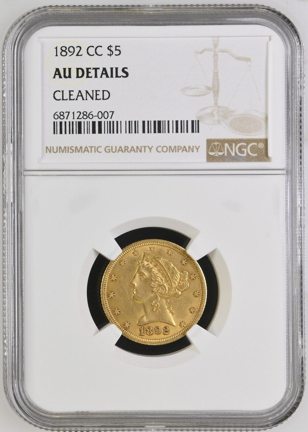 1892-CC Liberty Head American Gold $5 Half Eagle Coin AU Details NGC Rare CN596
