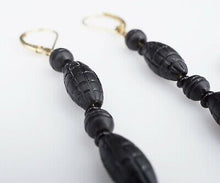 Antique 14k Gold Carved Black Jet Bead Drop Dangle Earrings 2.7" Mourning EG1619