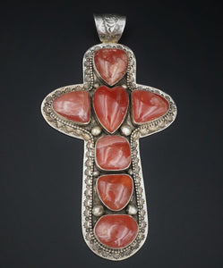 David Troutman Sterling Silver Rhodochrosite Cross Pendant 4.4" PS1966