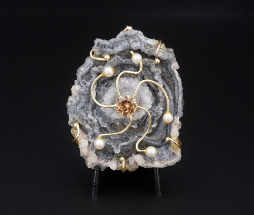 Vintage Abstract 14k Gold Druzy Slab Pearl Pendant 2.5