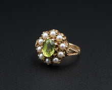 Antique 14k Yellow Gold Oval Peridot Pearl Halo Cocktail Ring Size 7.5 RG4171