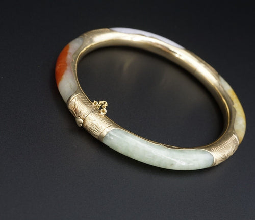 Vintage 14k Gold Bi Color Jade Jadeite Bangle Bracelet 7