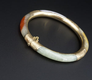 Vintage 14k Gold Bi Color Jade Jadeite Bangle Bracelet 7" 7mm BG805