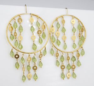 Luxe BOHO 18k Yellow Gold Peridot Open Circles Dangle Hook Earrings 3" EG2147