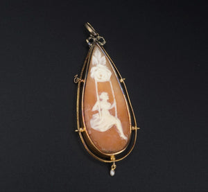 Vintage 18k Yellow Gold Teardrop Carved Shell Cameo Pendant 2.4" PG1701
