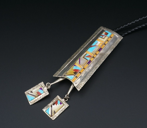 Zuni Turquoise Coral Inlay Leather Bolo Tie Sterling Silver Vintage M1936
