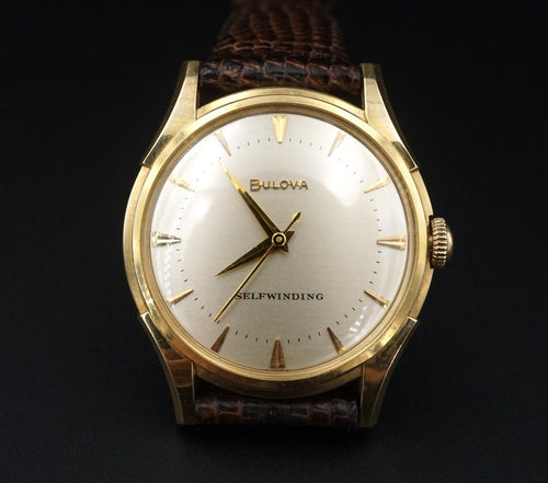 Vintage Bulova 14k Gold Watch Brown Leather Strap 35mm Selfwinding 1956 W848