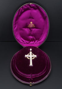 1870's Henry Tessier 18k Natural Pearl Diamond Enamel Cross Pendant w Box CO1032