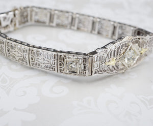 Classic Antique Art Deco 14k Gold 1ct Three Diamond Filigree Bracelet 6.5" BG794