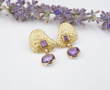 18k Gold Dangle Earrings Amethyst Hammered Yellow Gold Post 1.25" EG2227