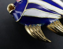 Kurt Gutmann 18k Fish Pin Brooch Blue Enamel Yellow Gold Ruby 1.25" KG OG274