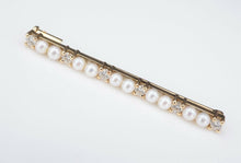 Vintage 18k Diamond Pearl Bar Pin Brooch Yellow Gold 1/2 carat 2" OG325