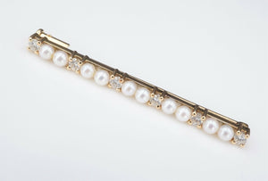 Vintage 18k Diamond Pearl Bar Pin Brooch Yellow Gold 1/2 carat 2" OG325