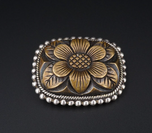 Stephen Dweck Sterling Silver Bronze Carved Flower Chunky Brooch 1.8