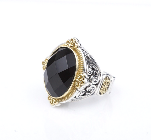 Konstantino Sterling Silver 18k Yellow Gold Nykta Black Onyx Size 6 RS3592