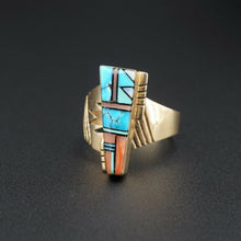 Zuni Inlay Turquoise Bypass Ring 14k Yellow Gold Size 6 Signed TD RG3349