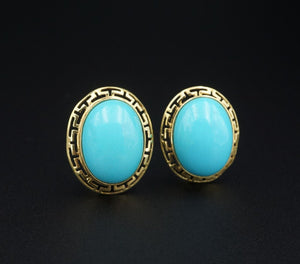 Vintage 14k Yellow Gold Blue Turquoise Greek Key Earrings Omega Back 1" EG2286