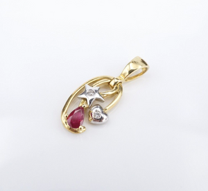 Vintage 18k Ruby White Diamond Pendant Yellow Gold 1" Natural Star HeaPG1869