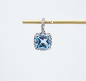 14k White Gold Blue Topaz Pendant White Sapphire Halo Charm 7/8" PG1918