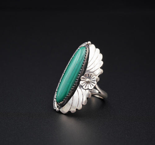 John Delvin Navajo Sterling Silver Long Slab Malachite Ring Size 8.5 1.4