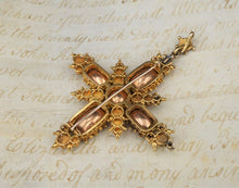 Antique 1850s 18k Yellow Gold Natural Pearl Pink Topaz Cross Pendant 2.4" CO1034