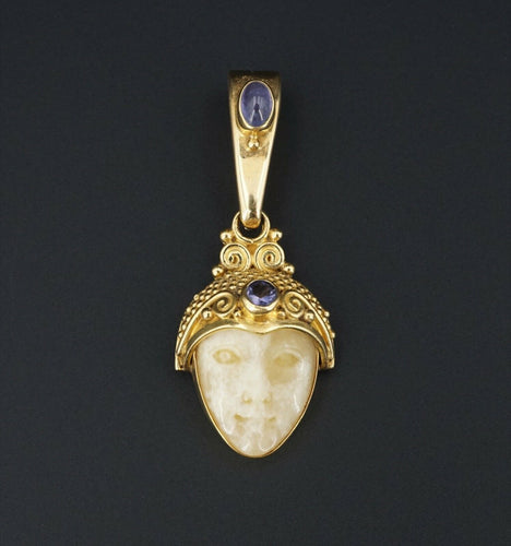 SAJEN 18k Gold Moon Carved Face Goddess 1ct Tanzanite Pendant Enhancer 2