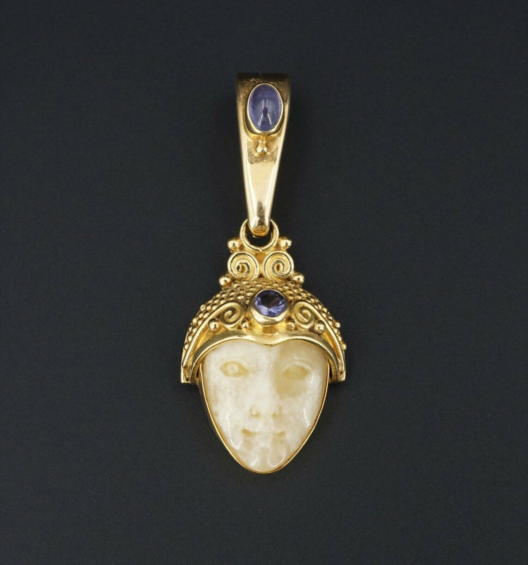 SAJEN 18k Gold Moon Carved Face Goddess 1ct Tanzanite Pendant Enhancer 2