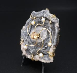 Vintage Abstract 14k Gold Druzy Slab Pearl Pendant 2.5" PG1551