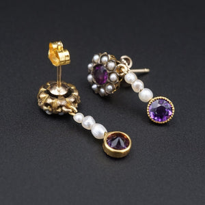 Victorian Dangle Earrings 14k Amethyst Pearl Antique Yellow Gold 1" EG2310