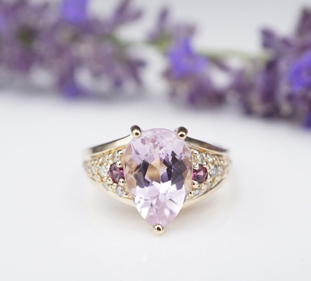 14k Yellow Gold Pear Cut Pink Kunzite Diamond Ring Size 7.75 RG3964