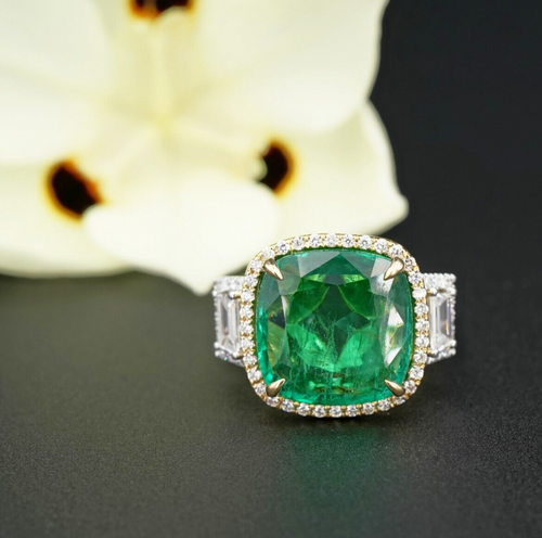 18k Gold 8.3ct Natural Emerald Diamond Halo Cocktail Ring Size 6 AGL Cert CO1058