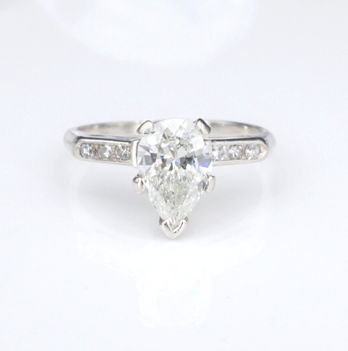 Vintage Platinum 1 carat Pear Diamond Engagement Ring Size 4.5 Sizable RG3637