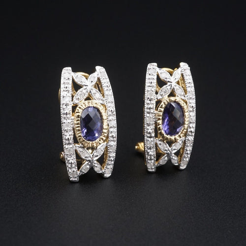 Tanzanite Diamond Earrings 10k Gold Omega Back Huggie 1 ctw 7/8