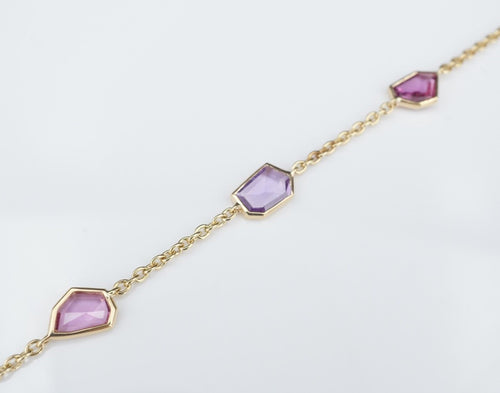 New 14k Yellow Gold Pink Purple 3 carat Sapphire 5 Station Bracelet 7