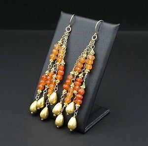 22k Carnelian Dangle Earrings Yellow Gold Bead Drop 3.2" EG1637