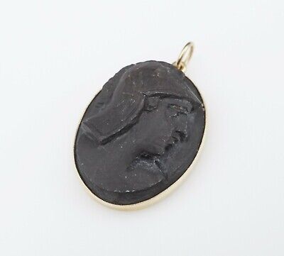 Vtg Wesley Emmons 14k Yellow Gold High Relief Carved Lava Cameo Pendant PG1283