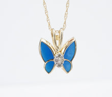 14k Yellow Gold Blue Plique A Jour Diamond Butterfly Pendant Necklace 18" NG1573