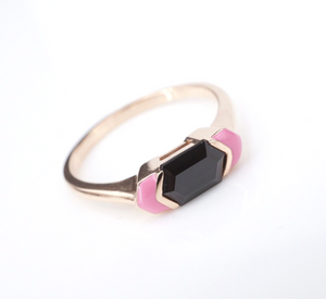 14k Rose Gold Black Tourmaline Pink Enamel Cocktail Ring Size 6.75 Trendy RG4061