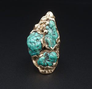 Artist Tom Thomason 14k Yellow Gold Nugget Turquoise Ring Size 8 NM RG4162