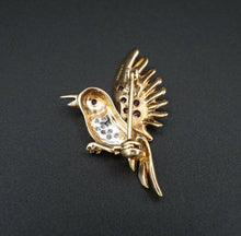 Vintage 14k Yellow Gold 0.3ct Ruby Diamond Detailed 3D Bird Pin Brooch 1" OG379
