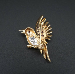 Vintage 14k Yellow Gold 0.3ct Ruby Diamond Detailed 3D Bird Pin Brooch 1" OG379