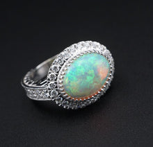 NWT 14k White Gold 3.6ct Diamond Halo Opal Cabochon Cocktail Ring Size 7 CO904